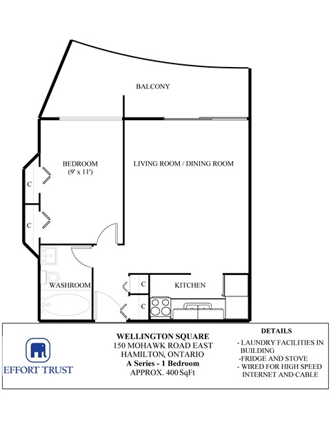 A floor plan for a 1 bedroom apartment in Hamilton, Ontario.